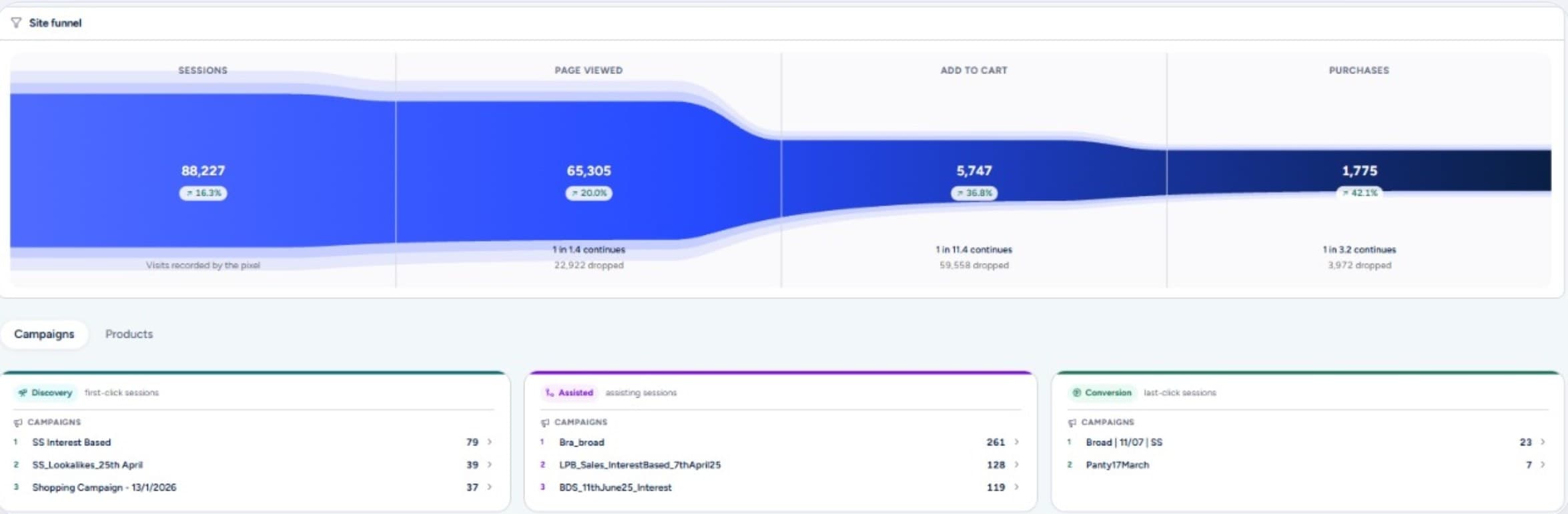 Clevrr Pixel site funnel from sessions to purchases, with campaigns split into Discovery, Assisted and Conversion roles