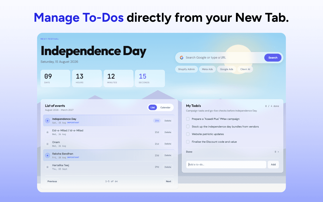 Todo management inside the D2C Festival Chrome extension new tab
